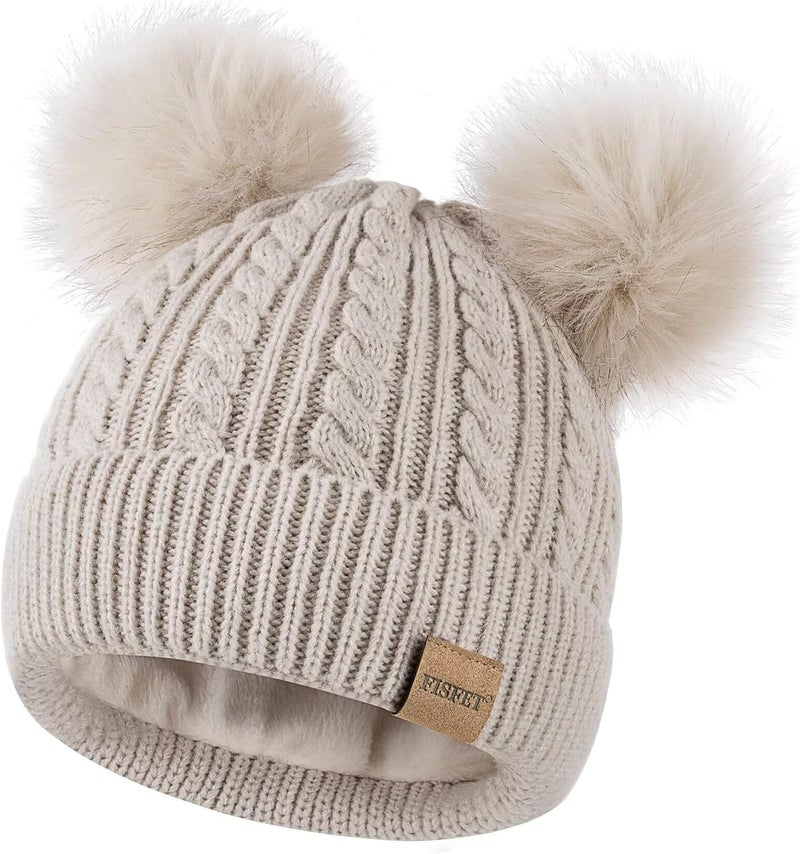 FISFET Beanies Women with Double Pom Pom, Winter Hats for Women Cold Weather Warm Knit Fleece Lined, Cute Beanie Cap - Image 1